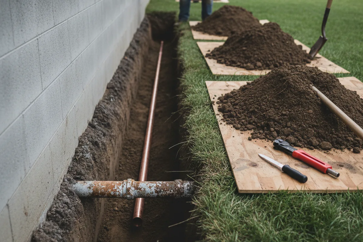 Excavated water line trench during Water Softener Installation in Reinholds